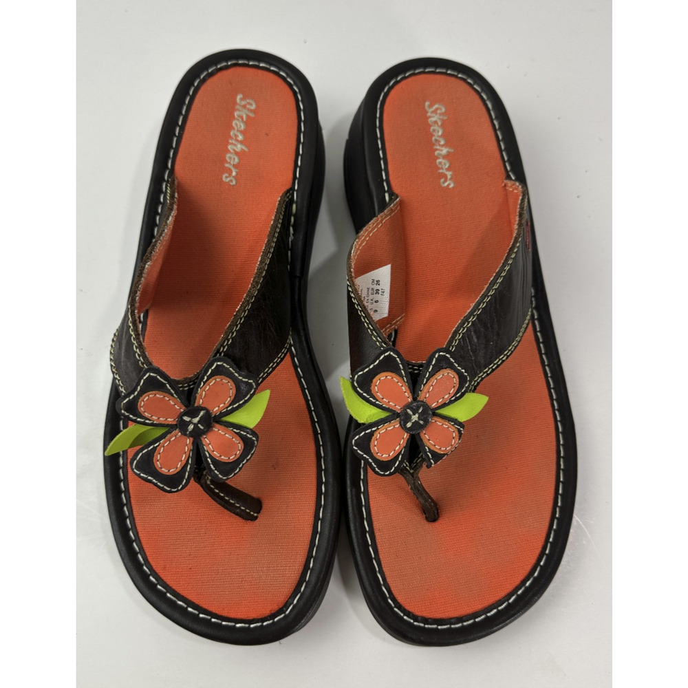 Skechers Y2K Style Flower Flip Flop Sandals Leather Size 9 Hippie Boho Festival - Picture 14 of 14